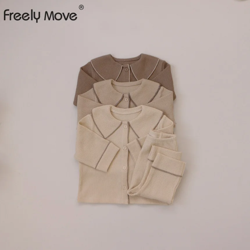 

Freely Move 2022 Autumn New Baby Boy Girl Loose Pajamas Sets Toddler Child Long Sleeve Solid Lapel Cotton Sleepwear 2 Pcs Suits