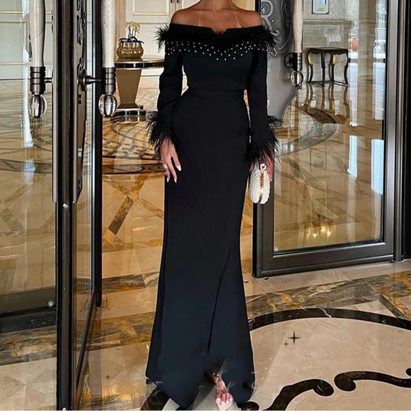 

Matt Satin Mermaid فساتين السهرة Elegant Feather Evening Dress Luxury Off Shoulder Party Prom Dresses Sequins Vestidos De Noche