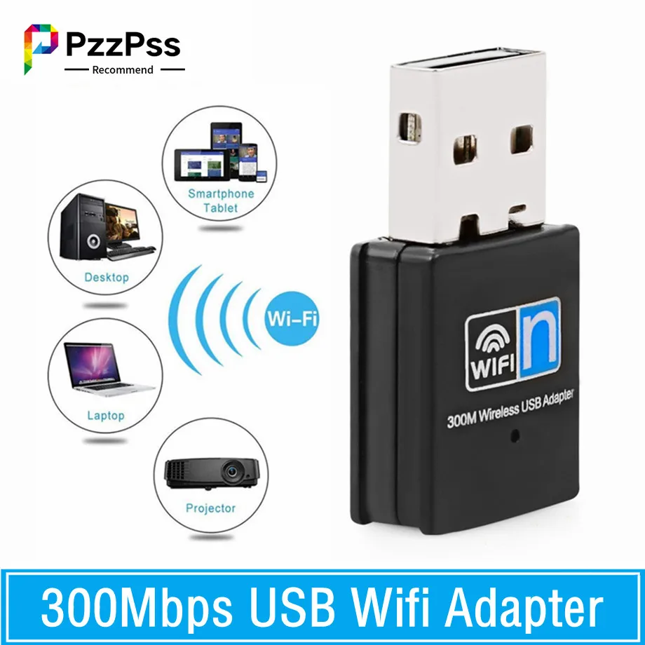 

PzzPss USB 2.0 Receiver Dongle Network Card 802.11N 300Mbps Mini Wireless USB Wifi Adapter For PC Desktop Laptop Windows MAC