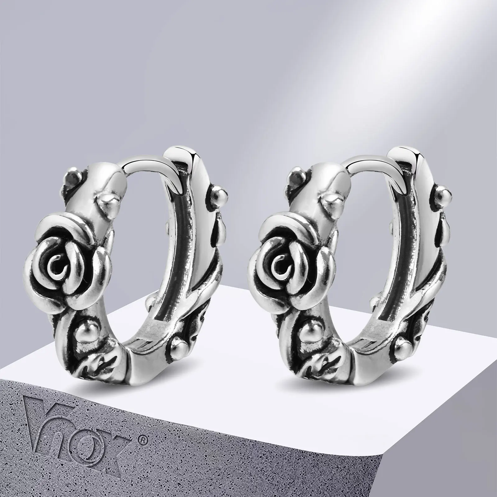 

Vnox Retro Fashion Rose Hoop Earrings for Men Jewelry, Stainless Steel Cool Flower Huggie Earring Accessory, Gifts for Him