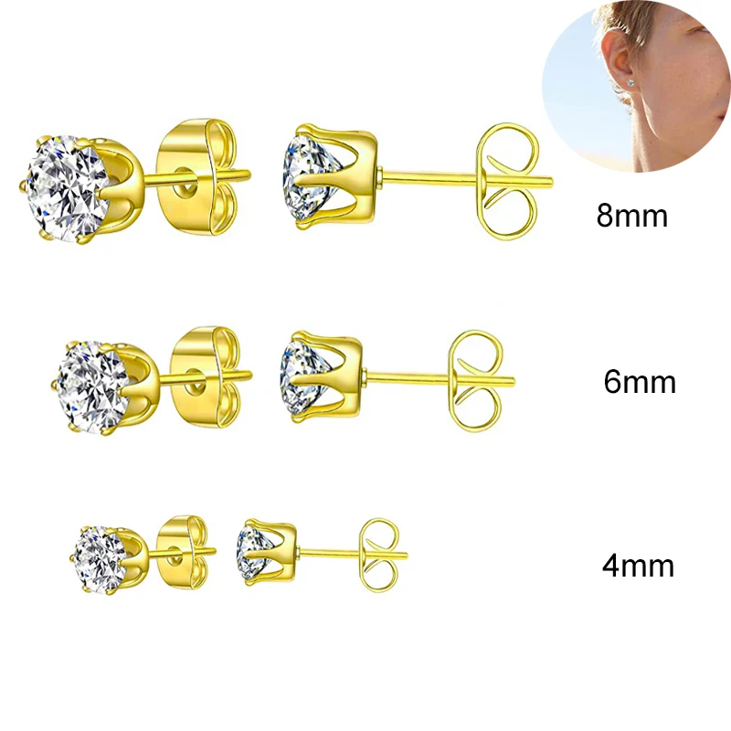 

Popular Unisex White Gold Color Party Jewelry 4/6/8mm Round Cut Clear Cubic Zirconia Stud Earring for Women Men