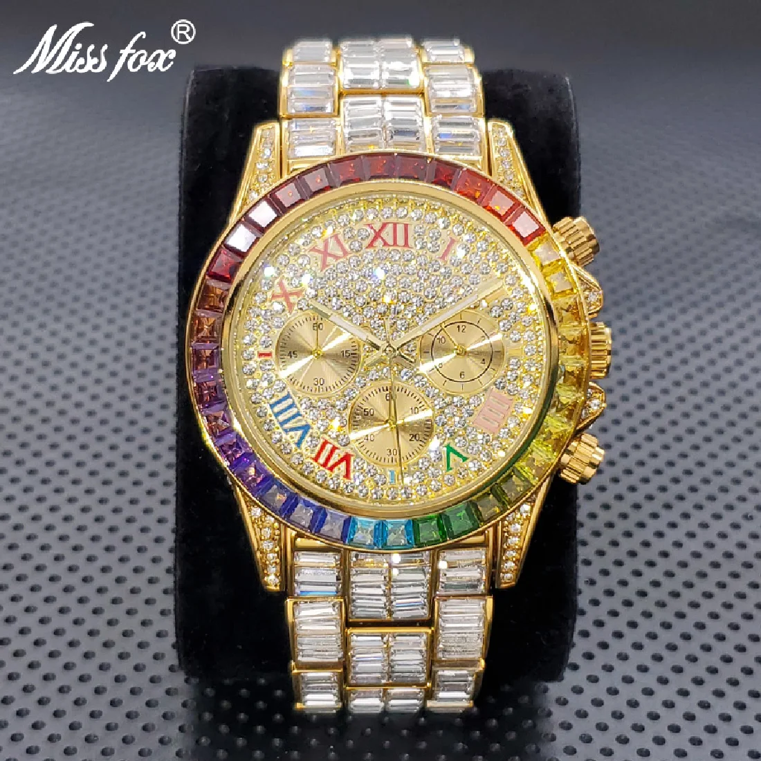 

Colorful Diamond Bezel Watch For Men Hip Hop Iced Out Gold Plated Chronograph Watches Unique Fashion Stainless Steel Bling Clock
