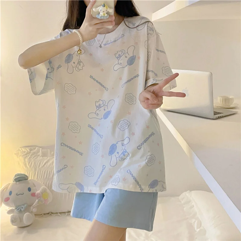 

Sanrio Short Sleeve Suit Pajamas Women's Summer Anime Kawaii Cinnamorol Outer Wear Thin Home Clothes Suit Holiday Birthday Gift