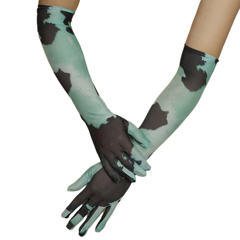 

Spring Summer Women Yarn Long Sleeve Gloves with Cow Print Pattern Dinner Dress Gloves Elastic Outdoor Driving Gloves