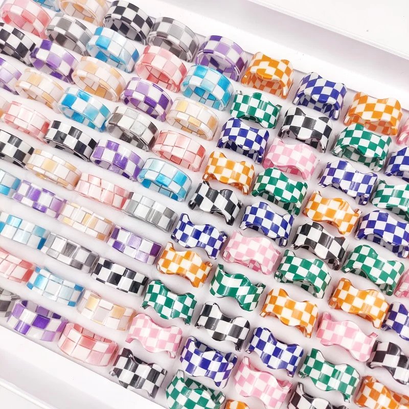 

5/10/12Pcs/Lot Resin Colorful Plaid Rings For Women and Girl Fashion Charm Acrylic Children's Jewelry Gift Accessories Wholesale
