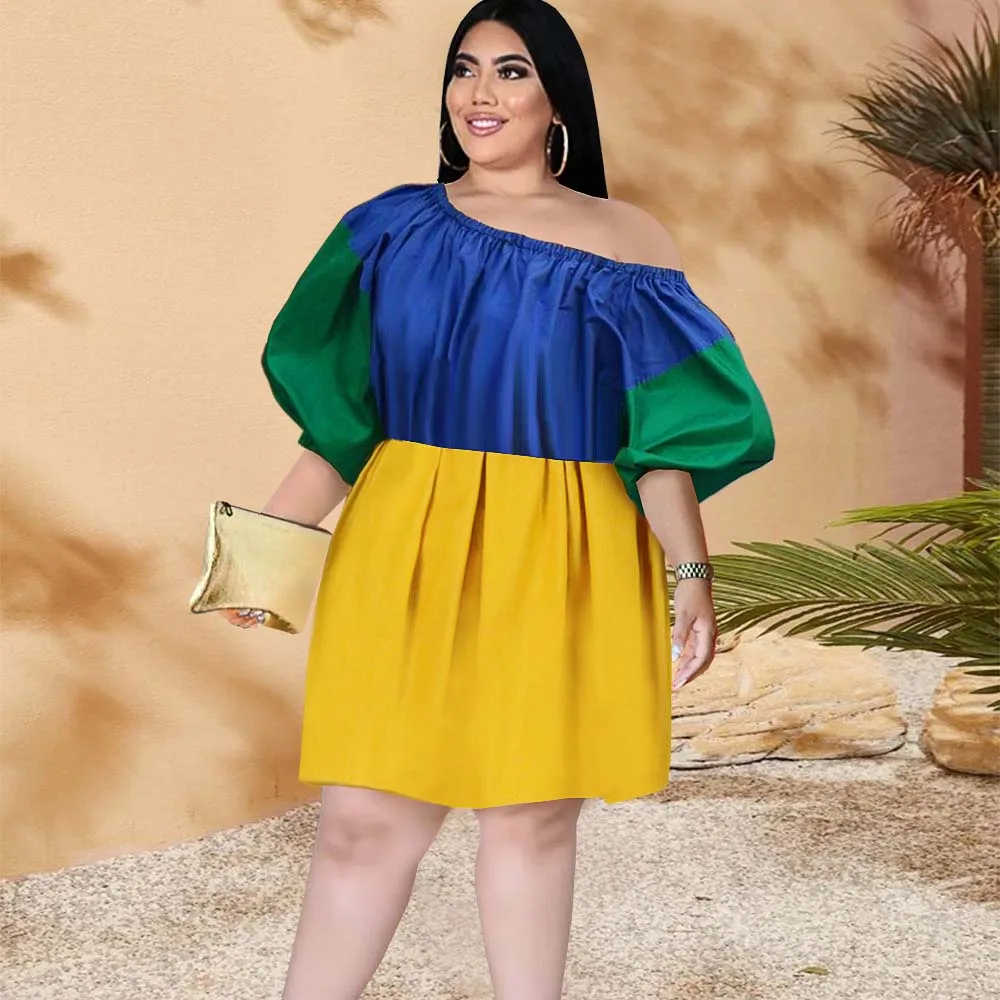 

Women's Plus Size Dress Sexy Stitching One-shoulder Open-back Short-sleeved High-waist Loose Thin Casual Dress For Fat Lady