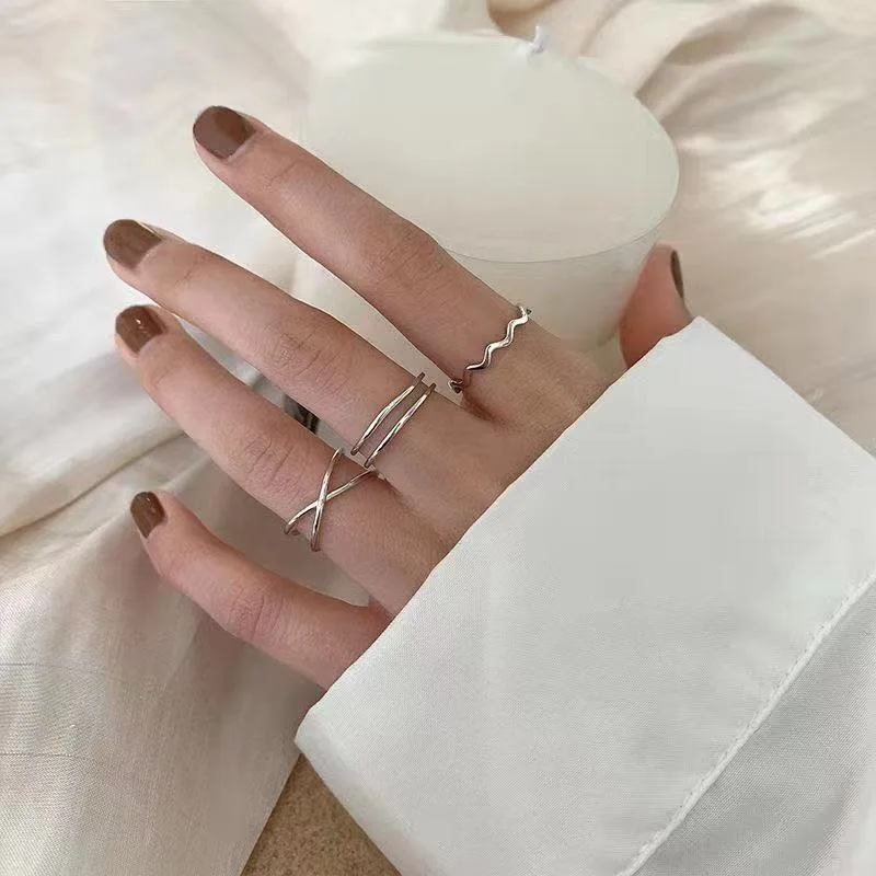 

3pcs/set Silver Color Unique Design Double-layer Hollow Opening Ring Female Minimalist Style Index Finger Jewelry Party