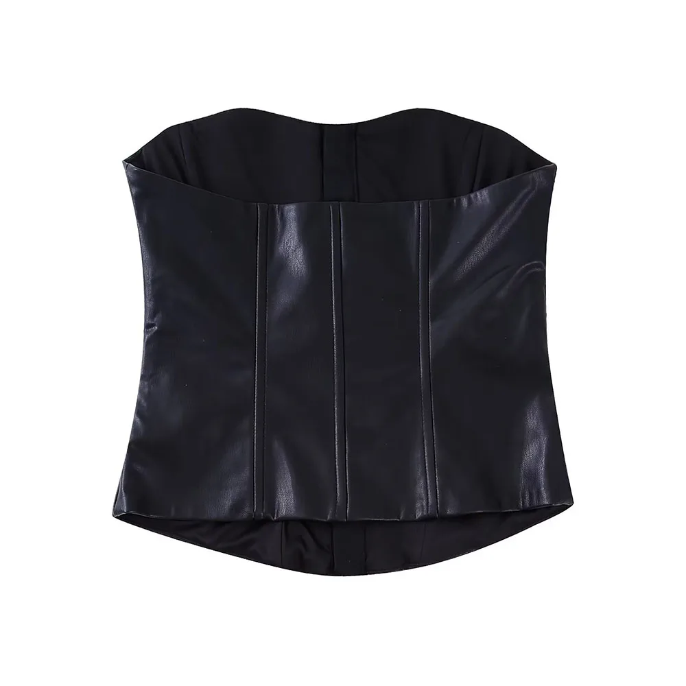 Fall new fashion women sexy versatile black straight collar off-the-shoulder design imitation leather corset top