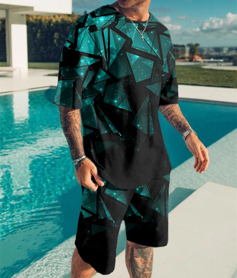 

2022 Summer New Green square 3D Print Casual tracksuit Men's Suit Short Sleeve T-Shirt + Sports Shorts 2 Piece Set