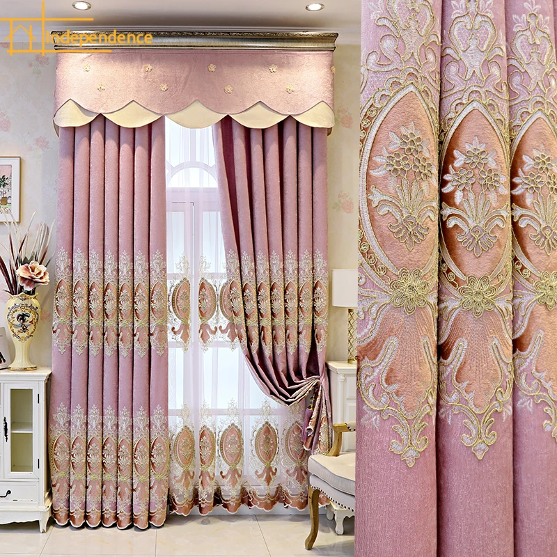 

High grade European Curtains for Living dining room bedroom full shading customized Pink girly luxury Style Embroidered tulle