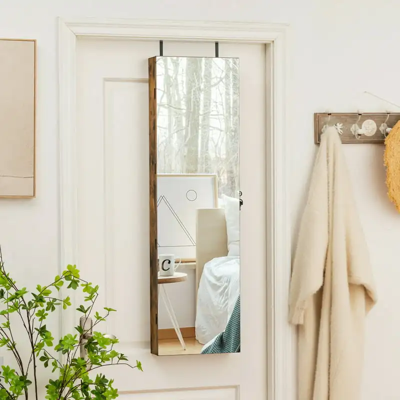 

Wall & Door Mounted Jewelry Cabinet Organizer W/ Lights & Drawer Rustic