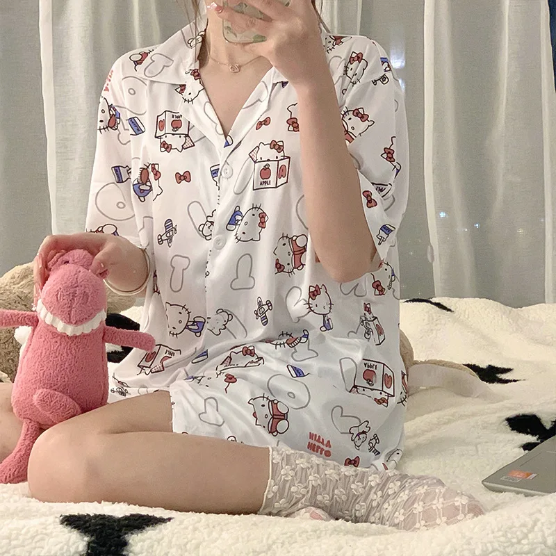Пижама Kawaii Sanrioed из аниме Hello Kitty 2 предмета шорты с коротким рукавом можно носить