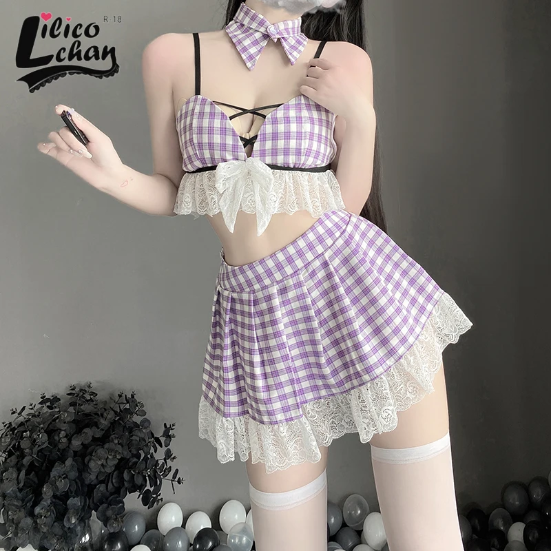 

Plaid Japanese Women Schoolgirl Outfit Lace Hollow Out Backless Cosplay Costumes Student Uniform Sweet Sexy Lingerie Underwear