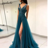 elegant long v neck prom dresses blue beading appliques evening dress 2022 sexy split backless formal party gown robes de bal
