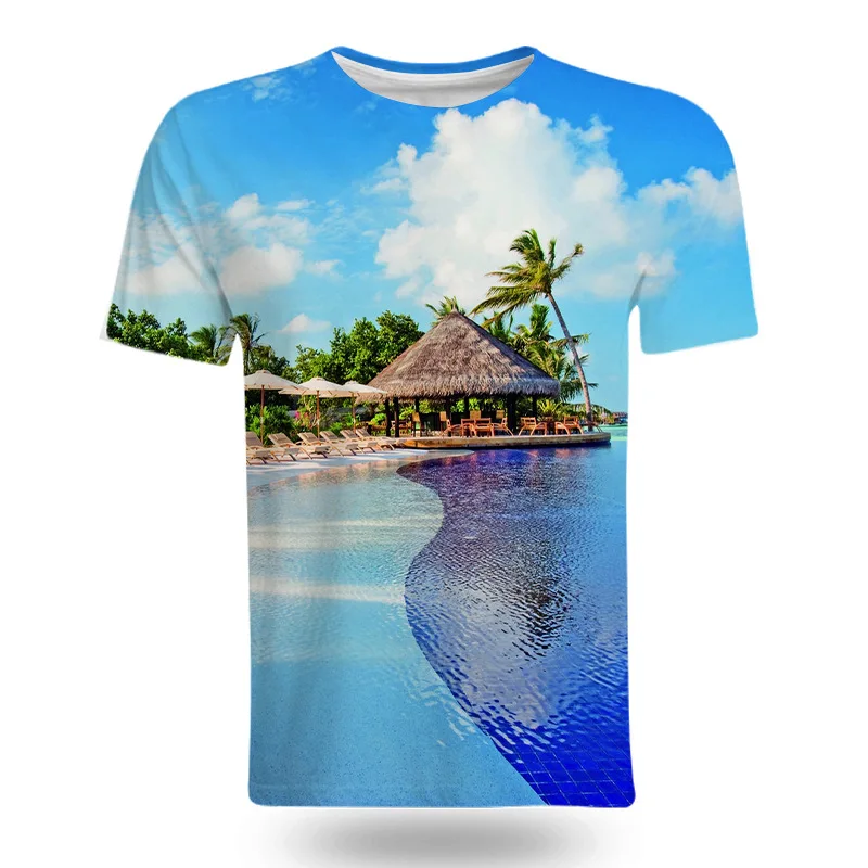 

Fashion Coastal natural scenery graphic t shirts Summer style 3D Print Men t-shirt Casual Interesting short sleeve t-shirts Tops