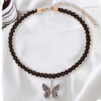 punk black sparkling rhinestones butterfly pendant necklace for women personalized lace weaving clavicle chain neckband jewelry