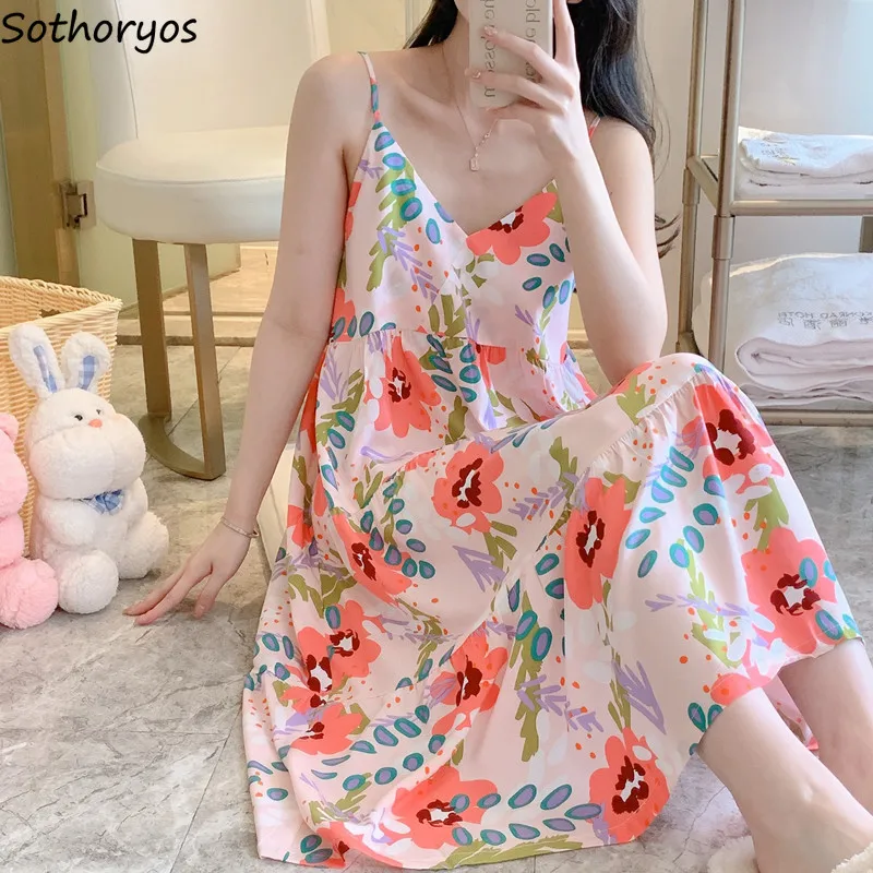Ночные рубашки на бретелях-спагетти Женская милая одежда для сна с цветочным