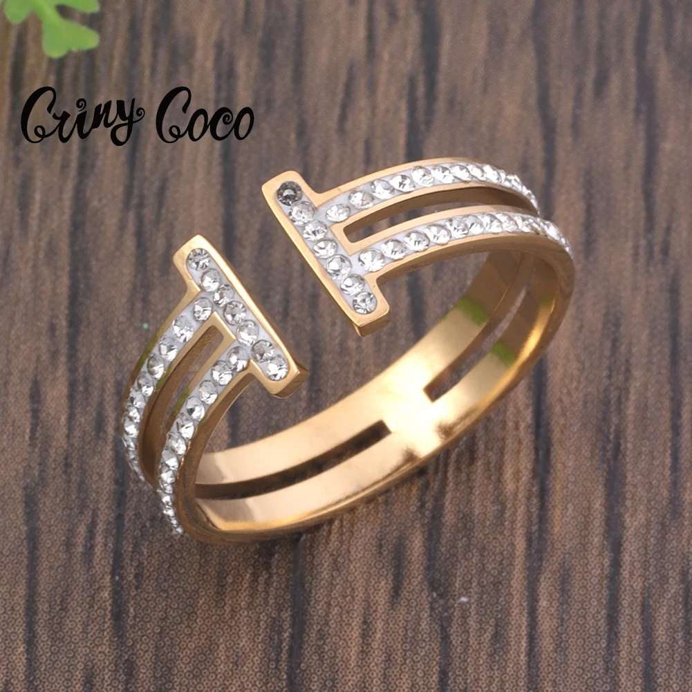 

Cring Coco Stainless Steel Women's Ring Adjustable Luxury Brand Jewelry Accessories Rhinestones CZ Dating Rings for Women Gifts