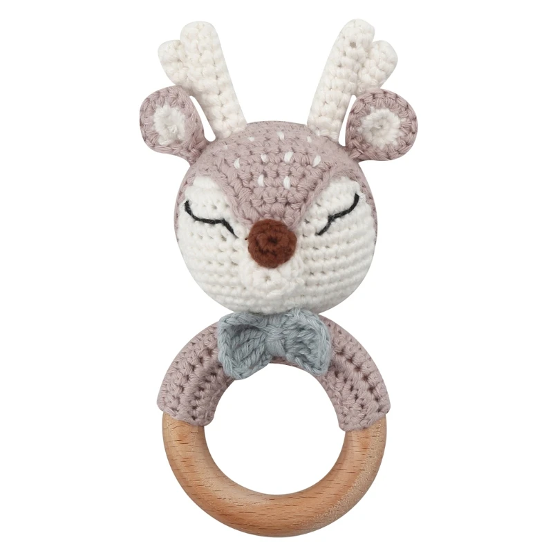 

HUYU Baby Teether Wooden Ring Handmade BPA Free Chewing Teething Toys Cotton Thread Crochet Animal Rattle Knitted Hand Bell