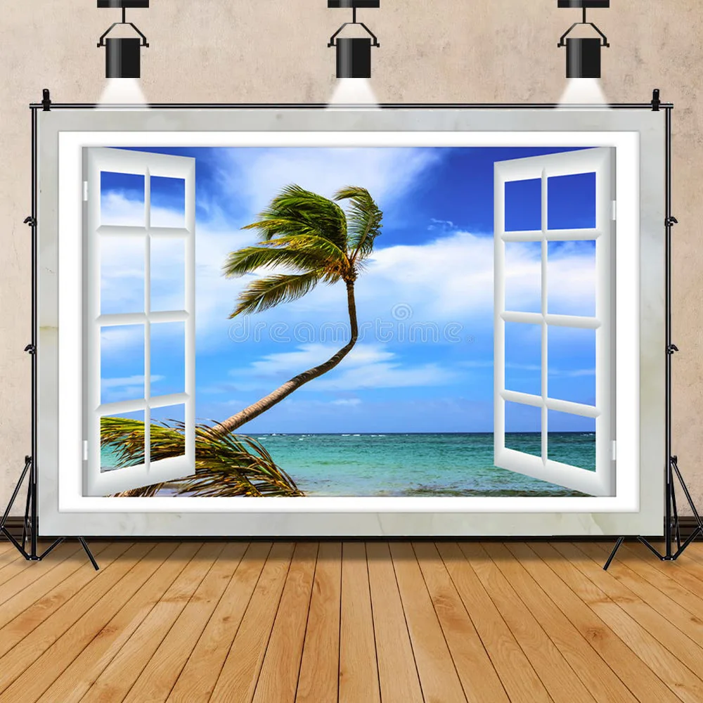 

Vinyl Custom Scenery Outside The Window Photography Backgrounds Props Seaside Tree Landscape Portrait Photo Backdrops CH-02