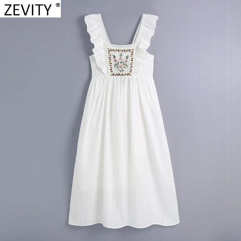 

Женское винтажное платье миди Zevity, ТРАПЕЦИЕВИДНОЕ ПЛАТЬЕ с цветочной вышивкой и оборками, шикарное женское платье без рукавов с бантом на с...