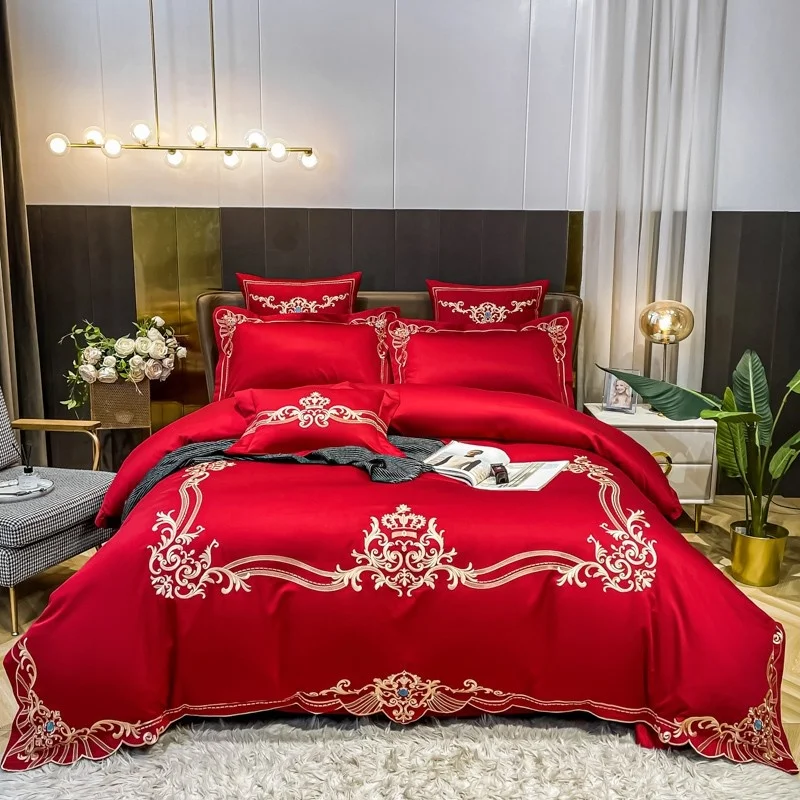 

Chic Golden Embroidered Duvet Cover Set Red 4Pcs Full Queen 100%Egyptian Cotton Ultra Soft Comfortable Bed Sheet 2Pillow Shams