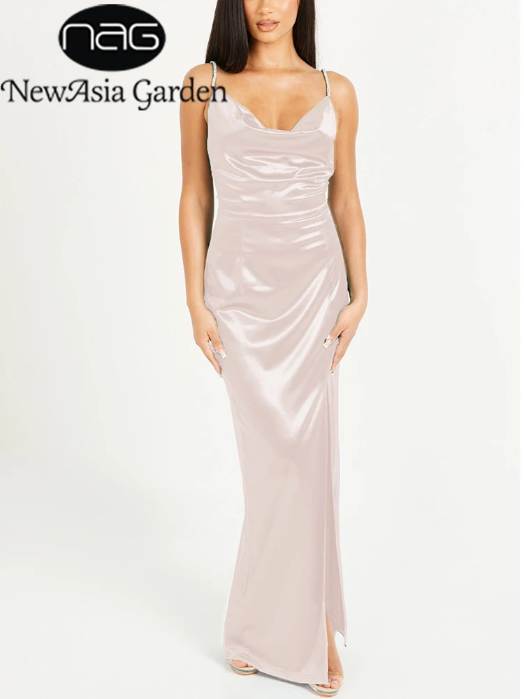 

NewAsia Satin Diamante Long Dress Cowl Neck Split Lining Adjustable Strap Pads Underwire Maxi Robe Fashion Sexy Party Club Dress