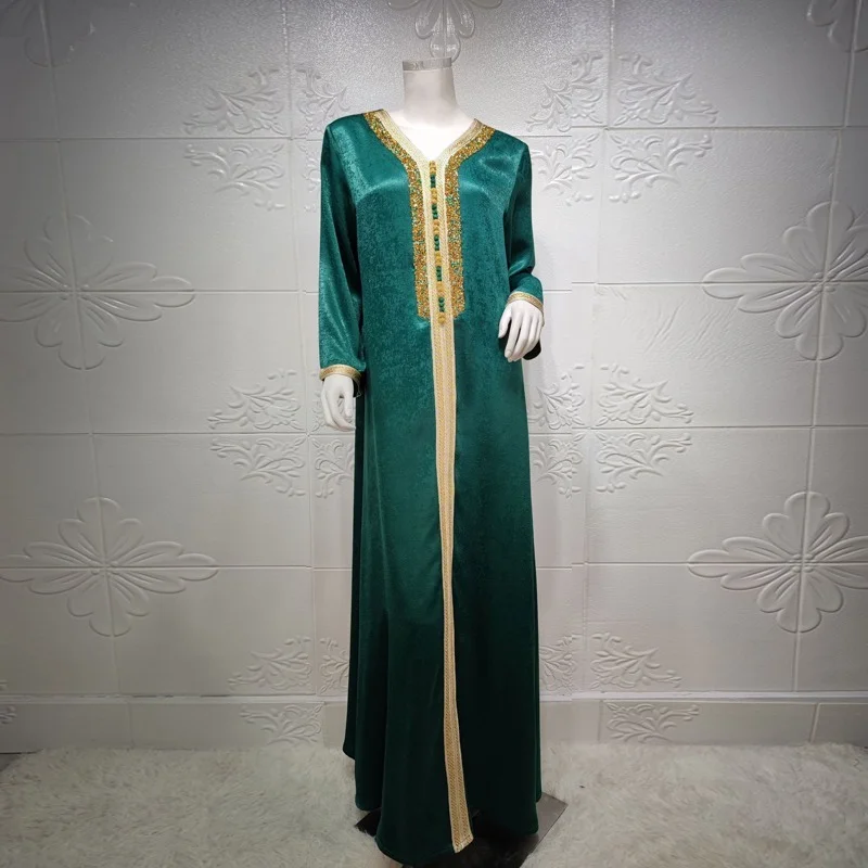 Fashion Muslim Dress Abaya Jalabiya For Women Summer Middle East Turkey Arabic Dubai Moroccan Kaftan Diamond Ribbon Long Sleeve