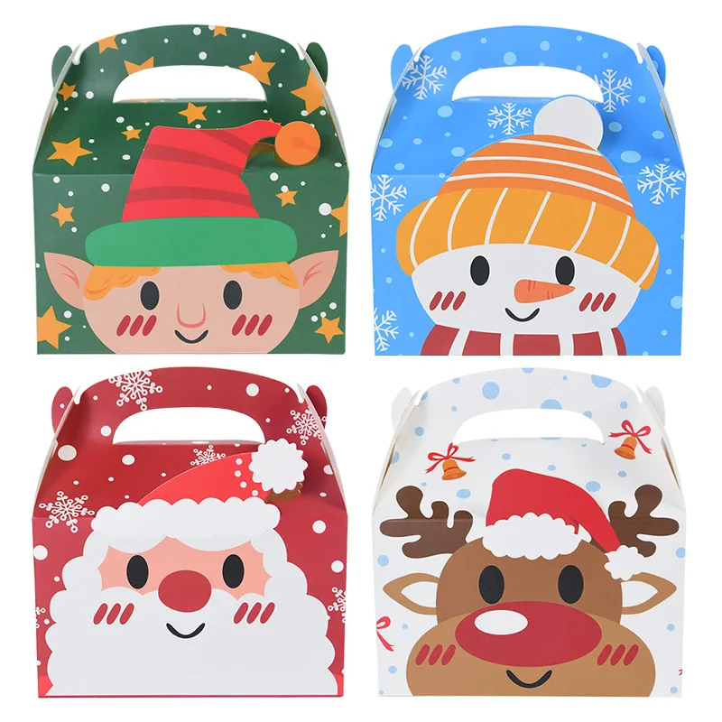 

4pcs Merry Christmas Gift Box With Handle Santa Candy Cookies Cake Chocolate Handmade Child Favor Packing Boxes Party Decoration