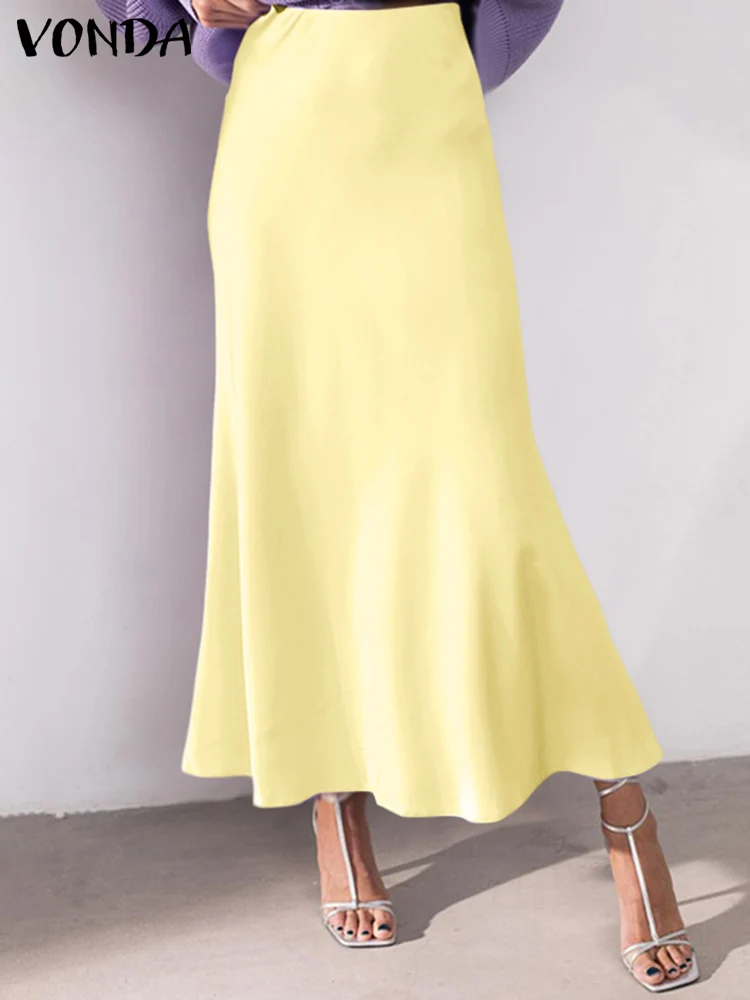 

VONDA 2023 Summer Women Long Skirts Fashion Satin Silk Bottoms Solid Pleated Loose High Waist Ruffled Elegant Maxi Party Skirts