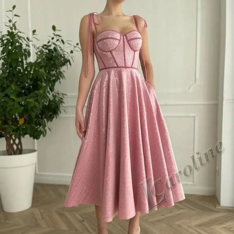 

Caroline Cheap Blush Pink Evening Dress Sweetheart Sleeveless Homecoming Bling Tea-Length Formal Prom Gowns Party Custom Made