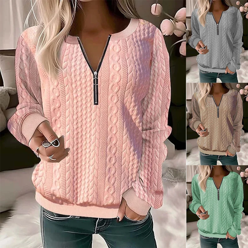 

Autumn and Winter New Elegant Women's Clothing Casual Long-sleeved Pullover Solid Color V-neck Zipper Loose T-shirt Top