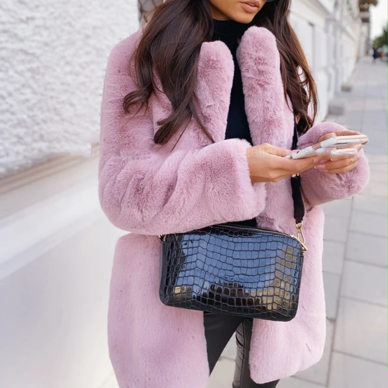 white fur Women Winter Warm Faux Fur Coat Thick Women Middle -Long Overcoat Turn Down Collar Women Warm Female  Casaco Feminino