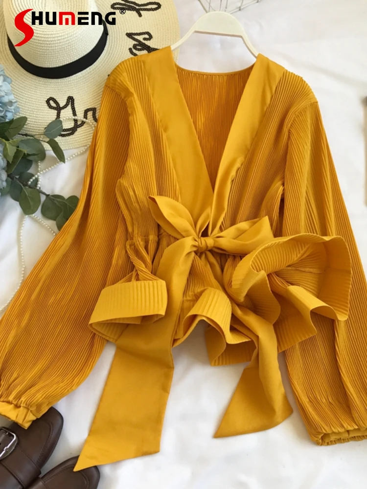 

Блузка женская с V-образным вырезом, модный элегантный плиссированный пуловер на шнуровке, с оборками и рукавами-фонариками, желтая, осень ...