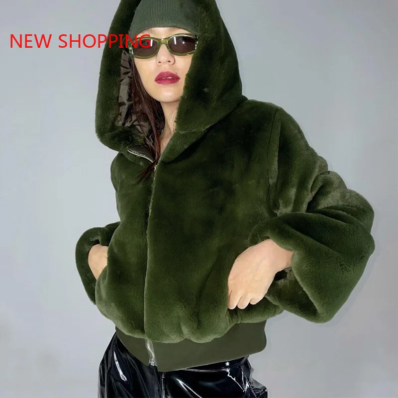 Rabbit Imitation Fur Winter Soft Grass Mink Faux Fur Coat Ladies Artificial Fur Hooded Soft Oversized 2023 Women's Jacket White