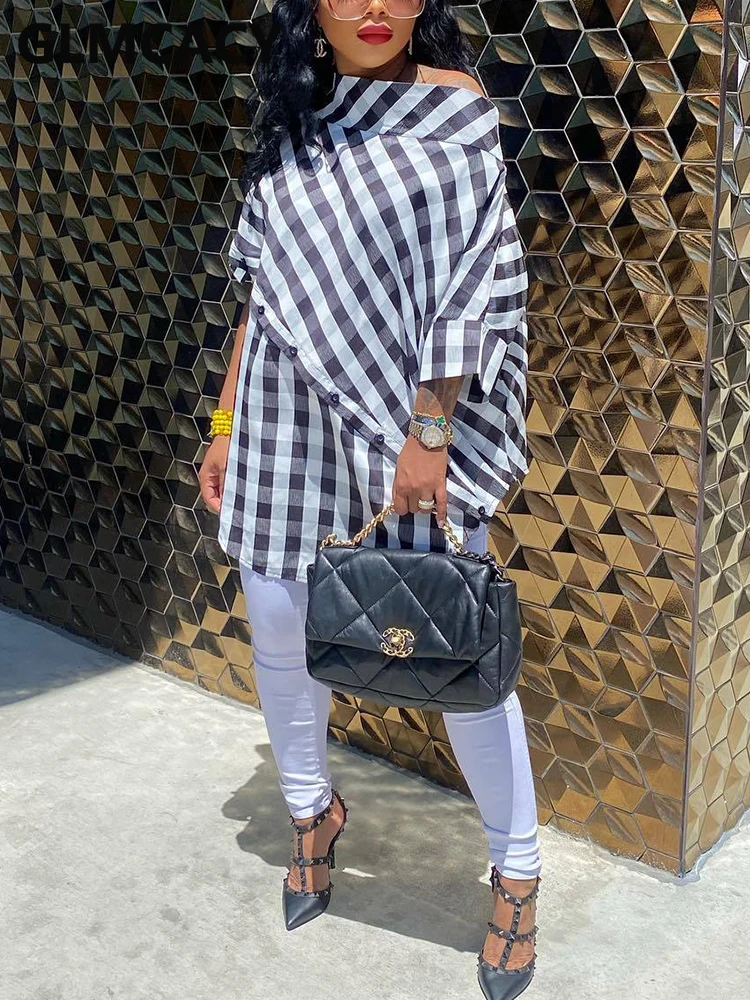 

Women Off Shoulder Plaid Long Blouse Shirt Tops
