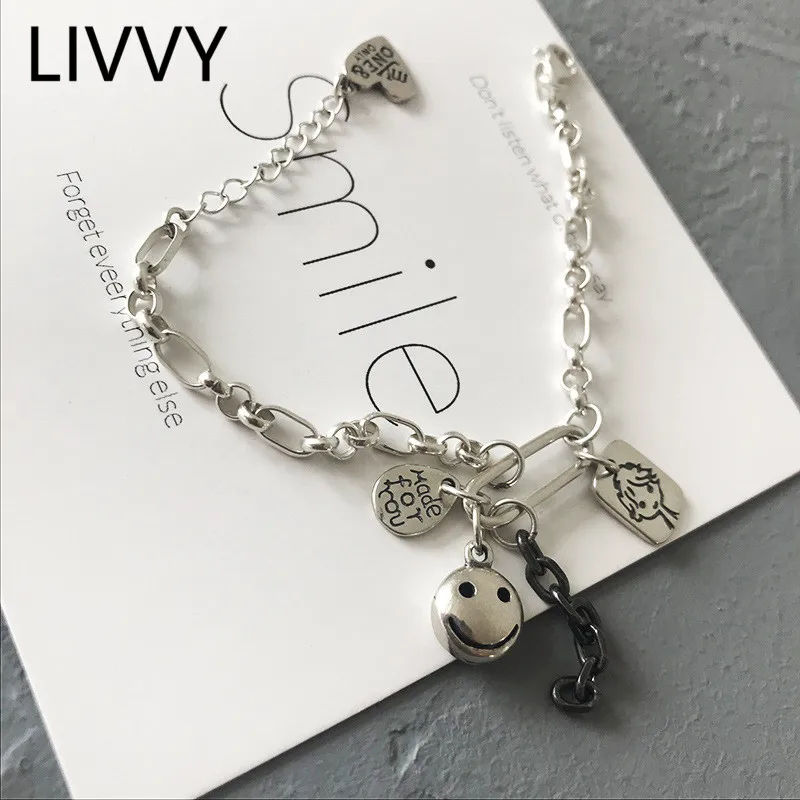 

LIVVY Newly Arrived Silver Color Letter Geometric Smiling Face Rectangular Cartoon Bracelets Jewelry Women Trendy Accessories