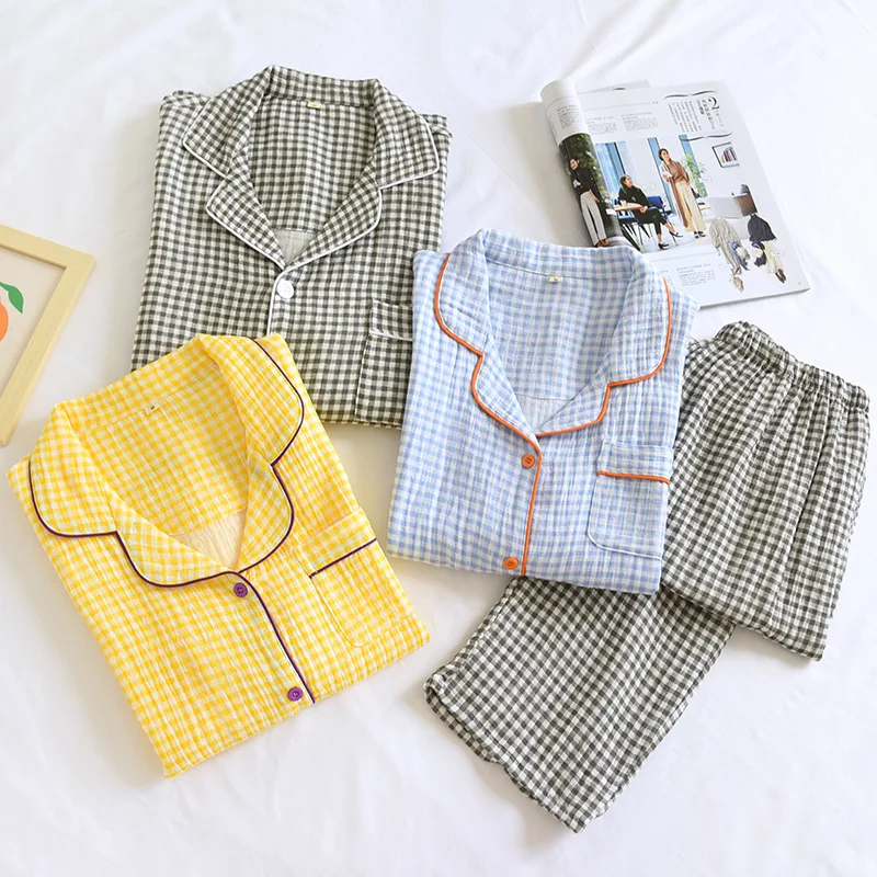 

Crepe Plain Plaid Pajamas Women Set Home Service Simple Long-sleeved Trousers Suit Can Be Worn Outside Washed Cotton Large Size