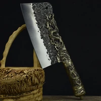 longquan kitchen knives dragon decor copper handle 7 5 inch fixed blade handmade forged slicing cleaver chopper hatchet knife