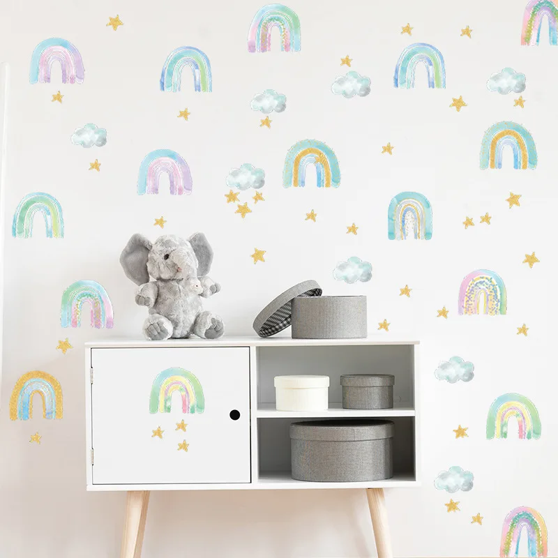 

Watercolor Cartoon Rainbow PVC Wall Stickers Self-adhesive DIY Decals Room Decor Murals for Girls Room Bedroom Party Decoration