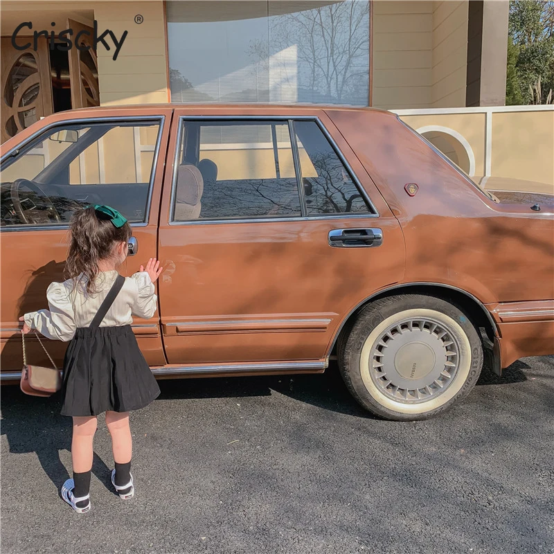 

Criscky Spring Girls' Clothing Sets Korean Solid Bubble Sleeve T-Shirt+ Suspender Skirt 2Pcs Baby Kids Children Clothes Suit