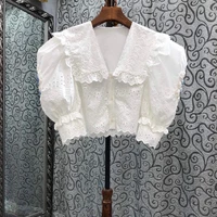100cotton shirts 2022 summer fashion white blouse ladies turn down collar allover exquisite embroidery short sleeve crop tops