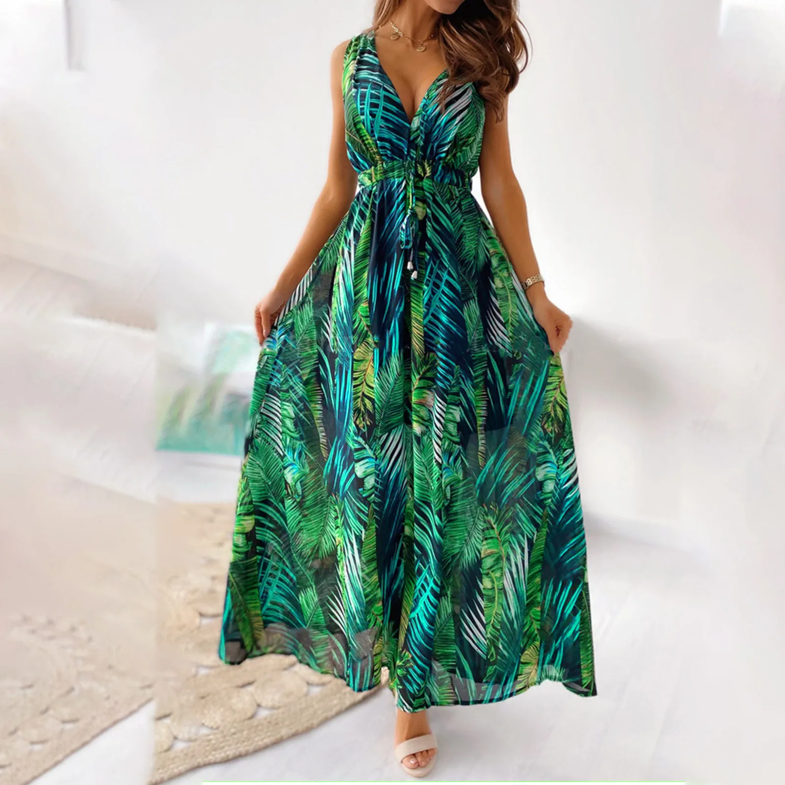 

Сарафан Платья с глубоким V-образным вырезом, платье с принтом, кружевное летнее платье, Женская сексуальная одежда 2022, Пляжное праздничное ...