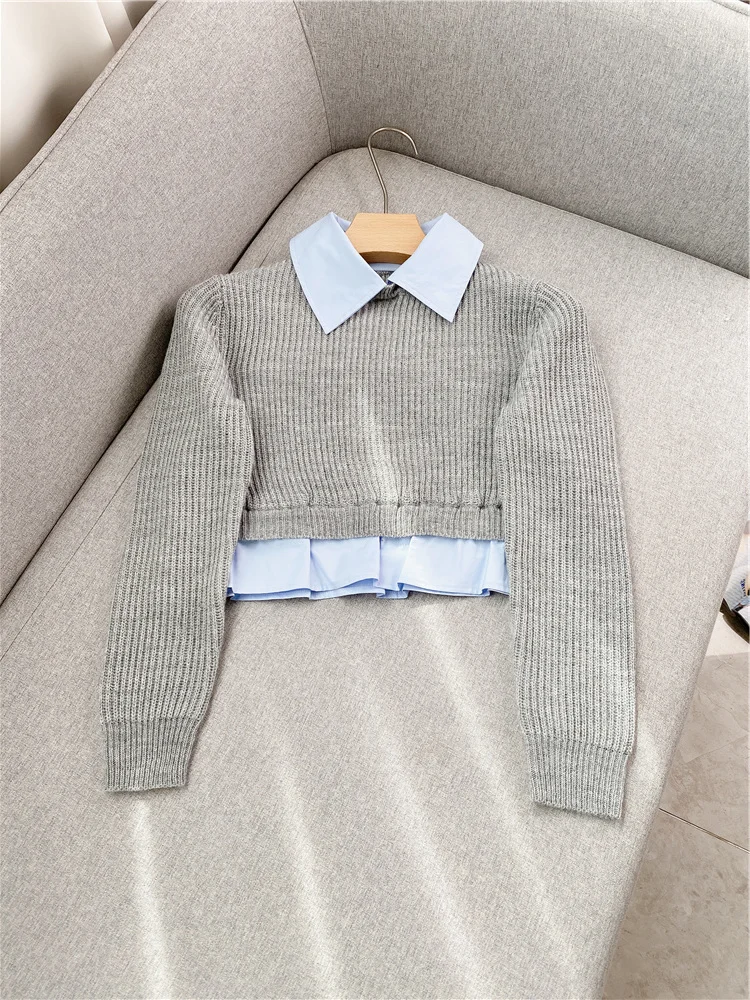 

Женская трикотажная рубашка с длинным рукавом и воротником-стойкой