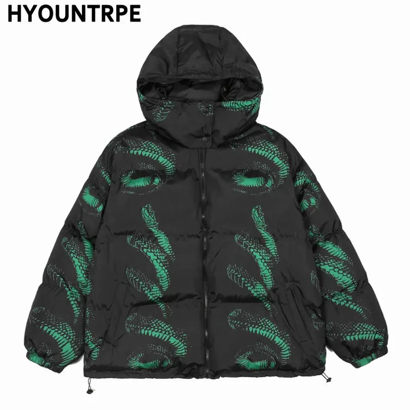 Hip Hop Hooded Parka Jacket Streetwear Men Snake Print Windbreaker Harajuku 2022 Winter Cotton Padded Jacket Coat Puffer Outwear