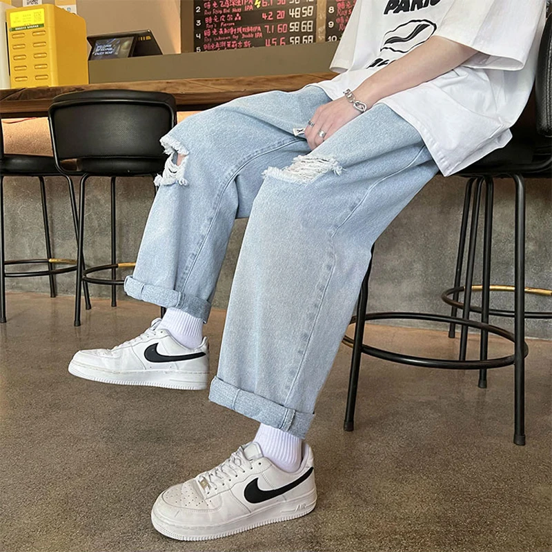 Baggy Ripped Hole Jean Pants Mens Summer Fashion Trends Streetwear Bottoms Teen Hip Hop Denim Jeans Boyfriend Distressed Clothes