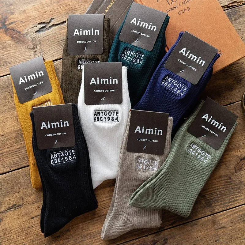 

JT Men's socks medium socks character embroidered letter stockings cotton double needle vertical strip solid color socks