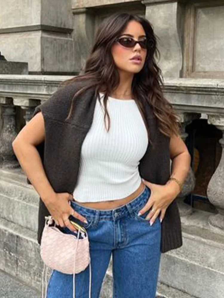 Коричневый вязаный пуловер с круглым вырезом Женский шикарный свободный джемпер