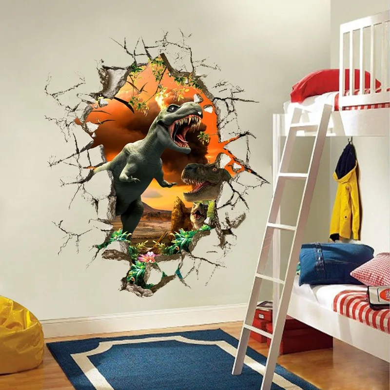 

New Creative 3D Dinosaur Broken Wall Home Bedroom Living Room Wall Stickers Flat Decorative Background Poster Removable