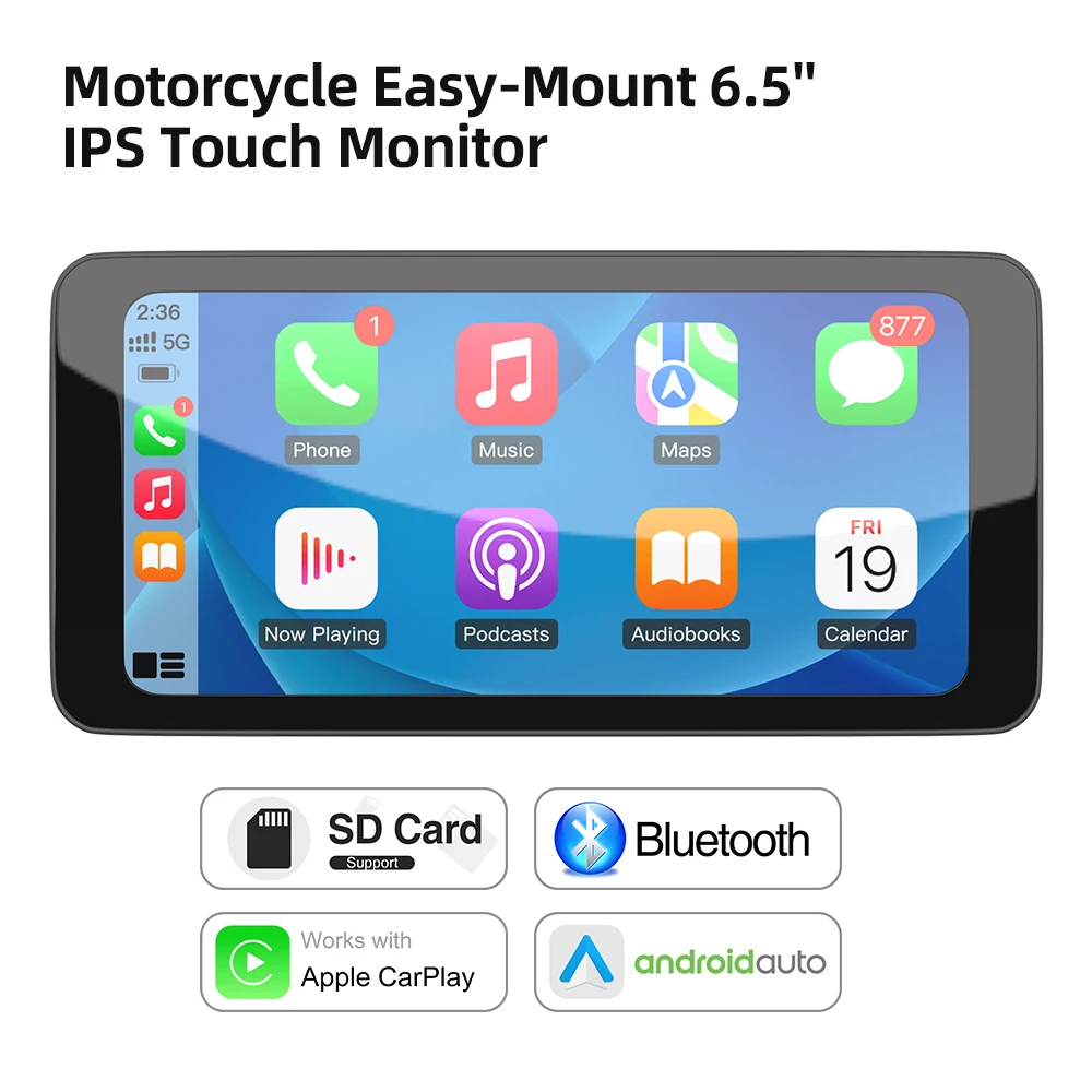 

6,5-дюймовый мотоцикл CarPlay Android Авто навигационный монитор Дисплей давления в шинах Портативный IPS-экран Водонепроницаемый AUX Bluetooth